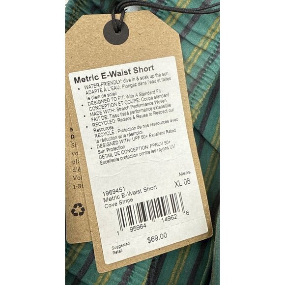 Prana Mens Shorts Striped Metric E Waist Boardshort Green Stripe Size XL New - Picture 10 of 11
